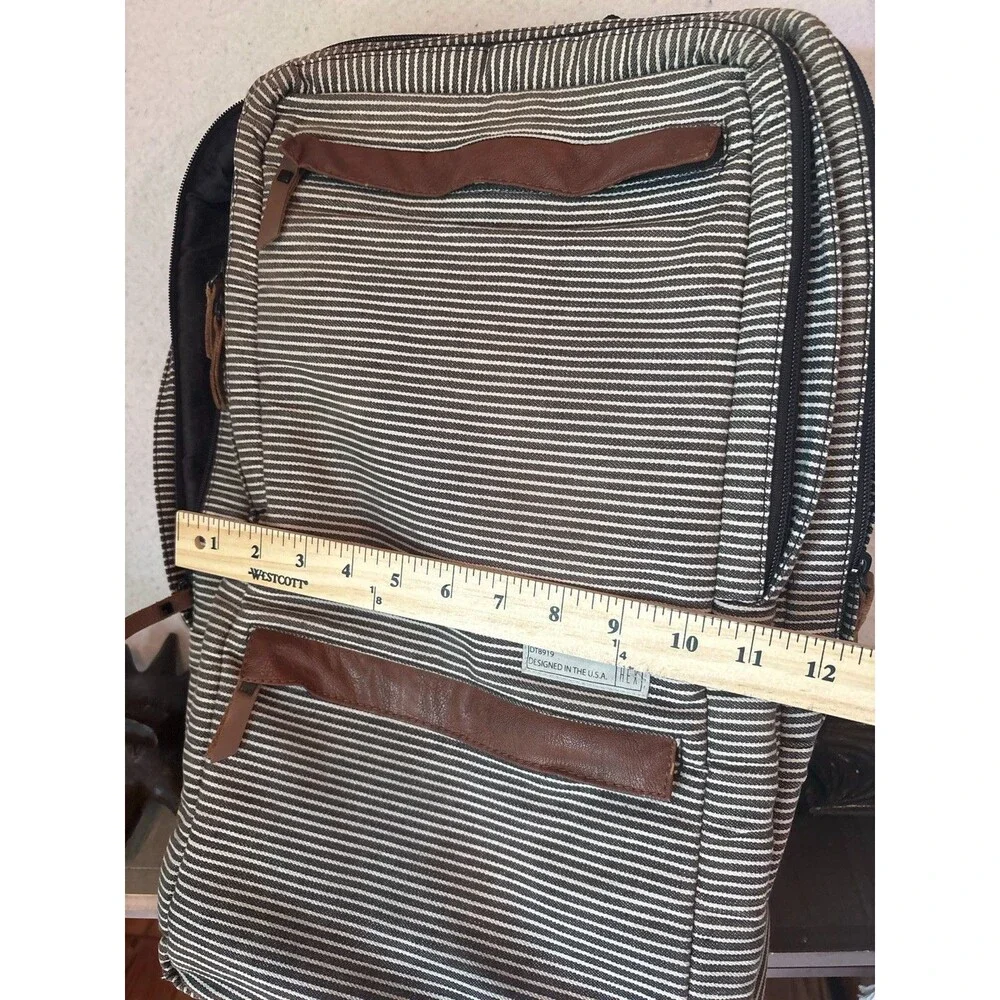HEX Fleet Sonic Laptop Backpack Canvas Brown Cream Stripe Leather Trim Max 15